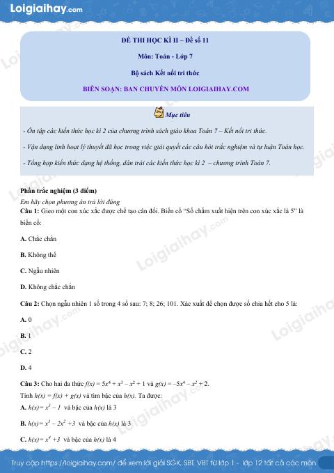Đề thi học kì 2 Toán 7 - Đề số 11 - Kết nối tri thức